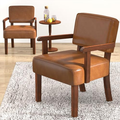 FAGAGA Accent Chairs Set of 2, 2 Solid Wood Armchairs with Side Table | Faux Leather Chair with Soft Thicken Cushion, Comfy Reading Chair for Bedroom, Waiting Room, Home Office, Easy Assembly - color: Faux Leather Brown, size: Set of 2 with table