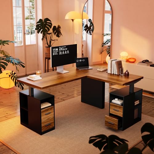 HUANUO 63 Inch L Shaped Standing Desk, Electric Executive Height Adjustable Desk with Storage Drawers, Reversible Design Computer Workstation for Home Office, Black Walnut - size: 63 Inch L-Shape
