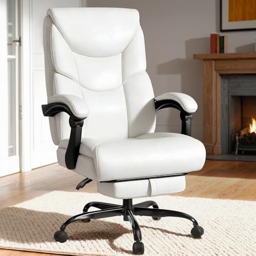 WAILOR 400lbs Office Chair with Foot Rest, Reclining Big and Tall Office Chair with Lumbar Support, High Back PU Leather Computer Chair,Comfy Desk Chair for Home Office (Casual) (White) - color: White