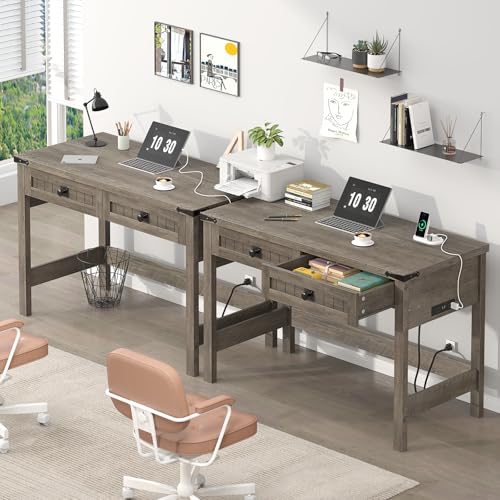 39 Inch Farmhouse Small Computer Desk with Drawers for Bedroom, Home Office - color: Grey