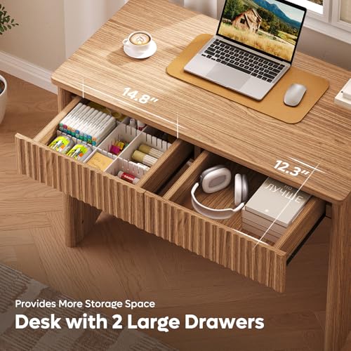 Bestier 40-Inch Fluted Wood Computer Desk with 2 Silent Drawers, Light Wood | Vertical Fluted, 2 Storage Drawers Silent Damping, 40x20 in, 30in Ergonomic, Scratch-Resistant Melamine, Non-Slip Pads - color: Brown, size: 40 Inch