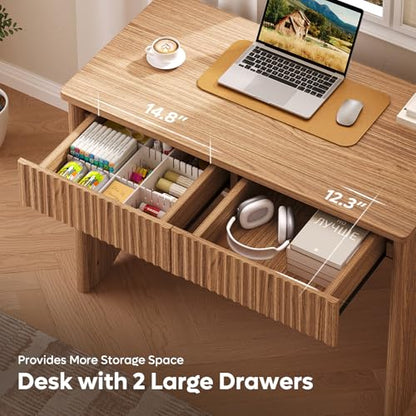 Bestier 40-Inch Fluted Wood Computer Desk with 2 Silent Drawers, Light Wood | Vertical Fluted, 2 Storage Drawers Silent Damping, 40x20 in, 30in Ergonomic, Scratch-Resistant Melamine, Non-Slip Pads - color: Brown, size: 40 Inch