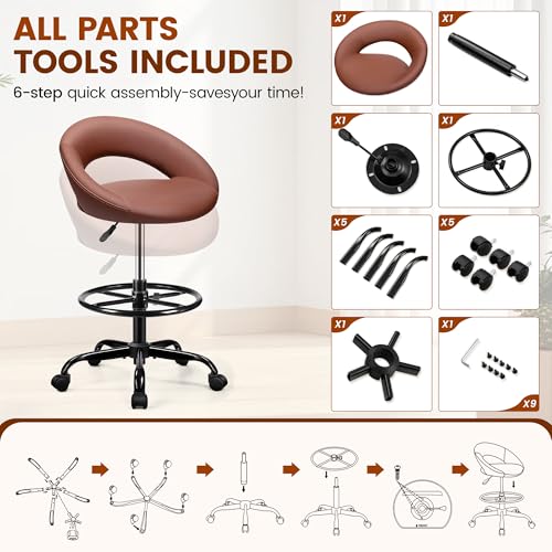 Rolling Bar Stool with Back & Footrest, Office Drafting Chair | PU Leather Chair with Wheels, Swivel Tall Counter Height Stool for Kitchen Island Salon Vanity Standing Desk, Brown, 2 Pack - color: Brown, size: 2 Pack