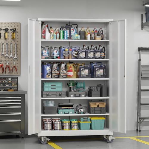 VINGLI Large Metal Storage Cabinet with 2 Doors and 5 Adjustable Shelves, Upgraded Height & Wide & Deep, 40''W x 20''D x 72''H, Oversized Garage Storage Cabinet with Wheels and Locks (White) - color: White, size: Larger 72'' Rolling Cabinet (5-Shelf)