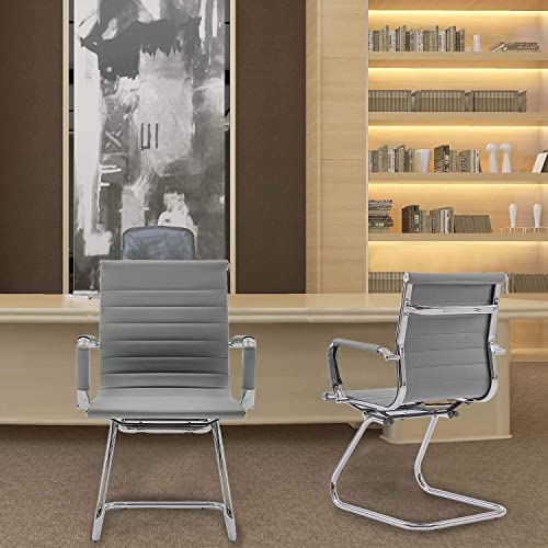 Conference Room Chairs Set of 6, Waiting Room Chairs with Arms, Faux Leather Reception Chairs No Wheels, Office Guest Chairs with Mid Back Support and Chrome Sled Base, Grey - color: Grey, size: 6PCS
