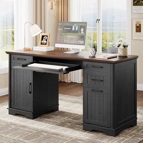 ONBRILL 58" Modern Home Office Desk with 5 Drawers and 1 Cabinet, Black