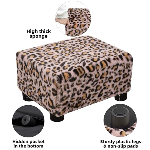 CAROLMADE Small Foot Stool Ottoman Footstool with Legs Under Desk Footrest for Living Room Bedroom and Office, Faux Fur Pink - color: Leopard Print Pink, size: 11"d X 15.4"w X 8.3"h