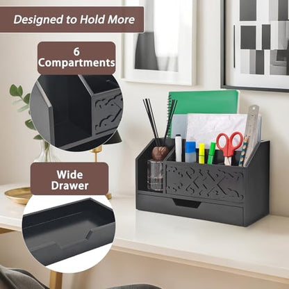 Black Wooden Mail Organizer with Drawer, Three Tiered Desk Accessories for Office Organization and Storage, Stylish Countertop Document Storage, Home/Office/Classroom Supplies (Black03) - style: Black03