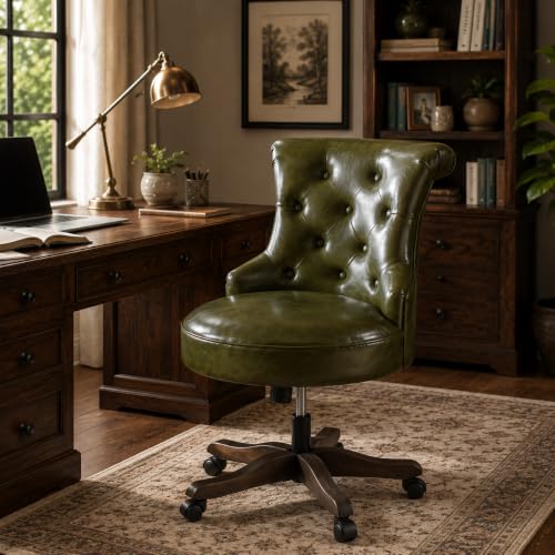 HUIMO Home Office Chair Upholstered Armless PU Leather Desk Chair with Wheels Adjustable Height Computer Desk Chair with Wooden Legs Comfortable Swivel Chair for Study Studio (Dark Green) - color: Dark Green