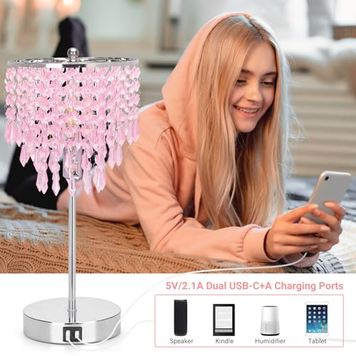 Touch Bedside Lamp with USB C+A Ports, Silver with Pink Crystal Shade - color: Pink