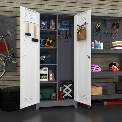 Metal Storage Cabinets with Doors and Shelves,Tall Broom Closet Storage Cabinet with Pegboard,Utility Tool Cabinets,Steel Locking Cabinets for Home Office,Basement,Laundry,Grey-White - size: 72"H x 31.5"W x 15.74"D-Grey/white