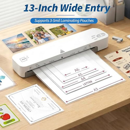 Binditek 13-Inch Laminator Machine with Laminating Sheets, Hot & Cold Modes, Fast 52s Warm-Up, 11x17 Wide Entry for Letter, A3–A6 Projects, Thermal Laminator Kit for School, Office, or Home
