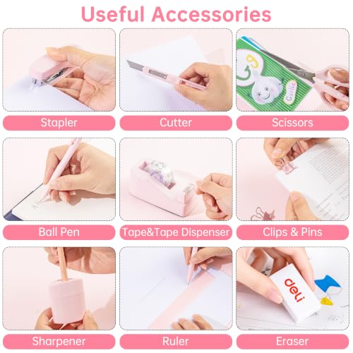 deli Office Supplies Set, Desk Accessory Organizer Kit, Pink - color: Pink