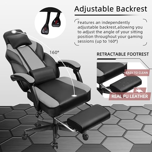 Shintenchi Gaming Chair,Video Game Chair with footrest and Massage Lumbar Support,Height Adjustable Game Chair with 360°Swivel Seat Ergonomic Computer Chair with Headrest for Office or Gaming(Grey) - color: Grey