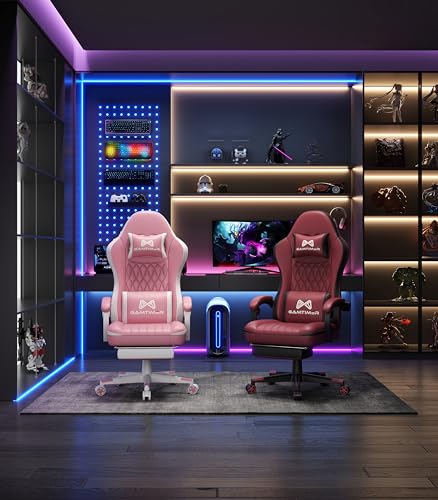Gamtimer Gaming Chair with Footrest, Ergonomic Computer Chair, PU Breathable Material with Headrest and Lumbar Support, Suitable for Silla Gamer and Adults(Pink) - color: Pink