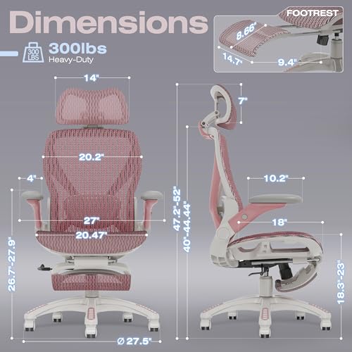 ELABEST X100 Ergonomic Mesh Office Chair with Footrest, Big and Tall Home Desk Chair with 5D Flip-Up Arms, Adjustable 3D Lumbar Support, Gaming & Executive Computer Chair (Peach Blossom) - color: Peach Blossom