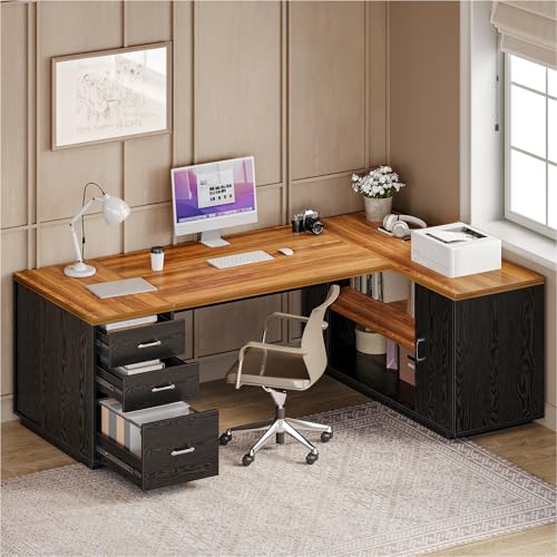 LITTLE TREE 87-Inch Modern Executive Desk with File Cabinet, Large Home Office Desk with Drawers, 3-Drawer Wooden File Cabinet, Spacious Workstation for Home Office (Brown & Black) - color: Brown and Black