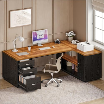 LITTLE TREE 87-Inch Modern Executive Desk with File Cabinet, Large Home Office Desk with Drawers, 3-Drawer Wooden File Cabinet, Spacious Workstation for Home Office (Brown & Black) - color: Brown and Black
