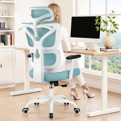 Ergonomic Office Chair High Back Desk Chair with Lumbar Support, Breathable Mesh Computer Chair with Adjustable Armrests Height, Reclining Swivel Big and Tall Gaming Chair for Home Office(Light Blue) - color: Light Blue