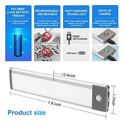30-LED Under Cabinet Lights,USB Rechargeable Kitchen Cupboard Night Light,Battery Operated Under Counter Closet Lighting,Motion Detector Night Light,Wireless Magnetic Motion Activated Light-2Pack - color: Silver White Light, size: 7.8 in-30LED-2PACK