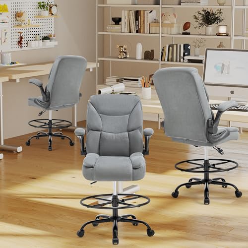 500LBS Drafting Chair, High Back Safer Standing Desk Chair, Executive Tall Office Chair with Flip-up Armrests, Upholstered Fabric Task Chair,Ergonomic Seat with Adjustable Height&Foot Ring,Light Gray - color: Light Gray