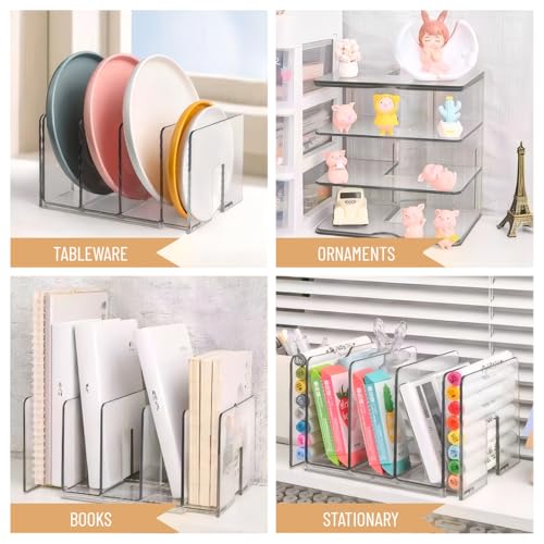 Sylfaen 2-Pack Clear Desktop File Organizer, Expandable Acrylic File Sorter Auto Rebound, Multifunction 5 Sections File Folder Holder for Magazines, Books, Letters, Papers, Notebooks