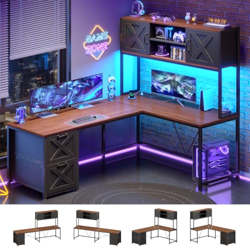 SEDETA Farmhouse Reversible L Shaped Coner Gaming Desk with Drawers, Hutch - color: Black and Brown