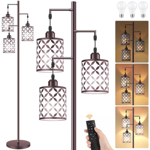 72" Dimmable Floor Lamp with Remote & Timer, Industrial Farmhouse Rustic Standing Lamp for Living Room Bedroom, 3 Individually Controlled Heads, 2 Height Options, 3 x LED Bulbs Included - color: Oil-Rubbed Bronze (Remote-800LM), size: 72"