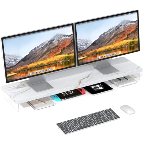 Dual Monitor Stand Riser, 40" Large Computer Monitor Stands for 2 Monitors, Wooden Desktop Organizer Shelf for Office Desk Computer, Laptop, TV, Monitor, Printer | Computer Monitor Stand Riser With Wood & Acrylic Design; Fits 2 Monitors, Laptop, Printer A