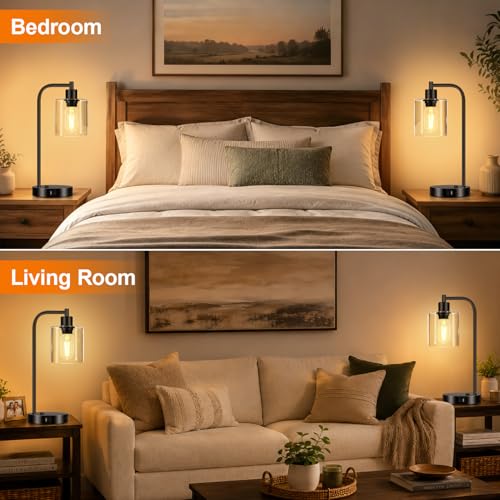 Set of 2 Industrial Touch Control Table Lamps with USB C+A Ports and AC Outlet - 3-Way Dimmable Black Bedside Lamps Nightstand Desk Lamps for Bedroom Living Room, Glass Shade & 2 LED Bulbs Included - color: Black(2 pack) - Clear Glass-Touch Control