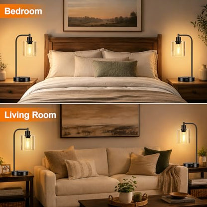 Set of 2 Industrial Touch Control Table Lamps with USB C+A Ports and AC Outlet - 3-Way Dimmable Black Bedside Lamps Nightstand Desk Lamps for Bedroom Living Room, Glass Shade & 2 LED Bulbs Included - color: Black(2 pack) - Clear Glass-Touch Control