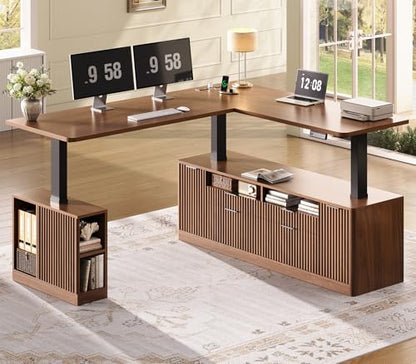 SEDETA Fluted L Shaped Executive Electric Standing Desk with 4 Drawers | 69" x 55" Height Adjustable Office Desk with Storage Shelves, Power Outlet, Sit Stand Computer Desk, Brown - color: Brown