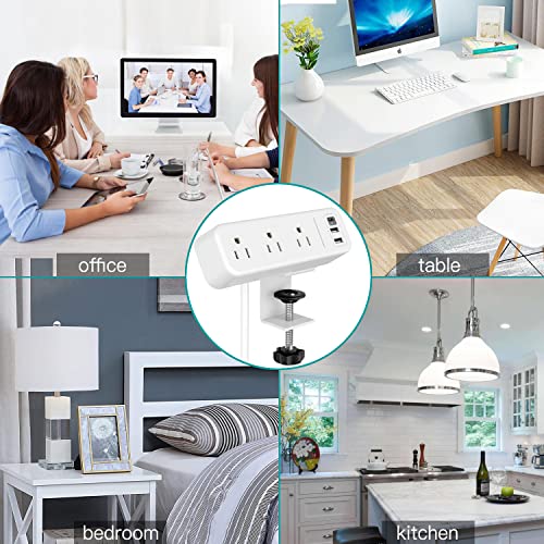 Desk Clamp Power Strip with USB C, 3 Outlets Desktop Mount Power Station with 6.5 ft Plug Extension Cord, White