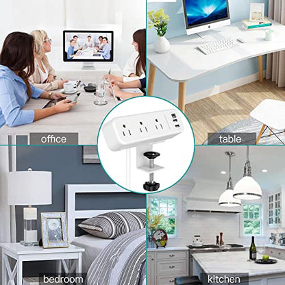 Desk Clamp Power Strip with USB C, 3 Outlets Desktop Mount Power Station with 6.5 ft Plug Extension Cord, White