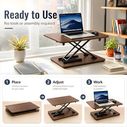 Height Adjustable Standing Desk Converter, 25.16" x 15.75", Black | Ready to Use Desk Riser for Laptop and Monitor, Sit Stand Workstation for Office, Bedroom and Living Room