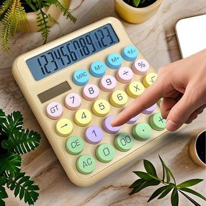 Cute Desktop Calculator, 12 Digits Large Calculator with Clear LCD Display and Large Button, Solar/Battery Powered, Basic Calculator for Business, Office, Home, School, Class (Khaki)