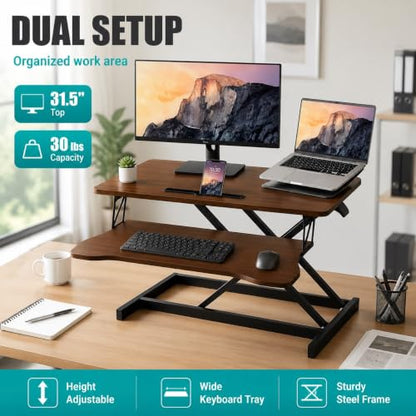 32" Height Adjustable Sit Stand Desk Converter, Dual Monitor Laptop Riser, Black (Desk Converter (Walnut)) - color: Desk Converter (Walnut)