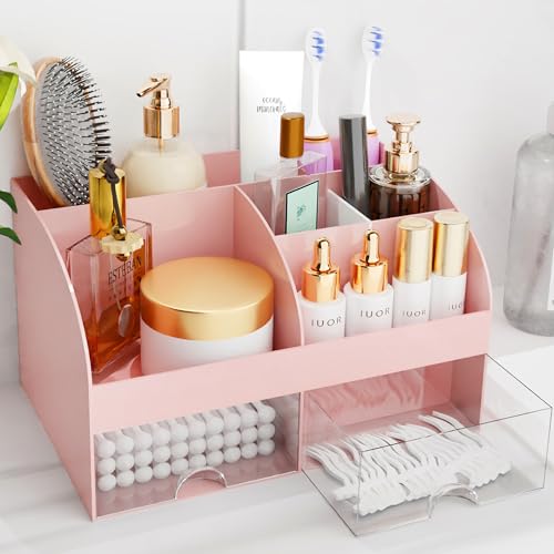 Makeup Organizer with Drawers, Cosmetic Storage for Dresser Vanity and Bathroom Countertop, Beauty Holder for Lipstick Brush, Skincare Organizer for Vanity, Cosmetic Display Case (Pink) - color: Pink