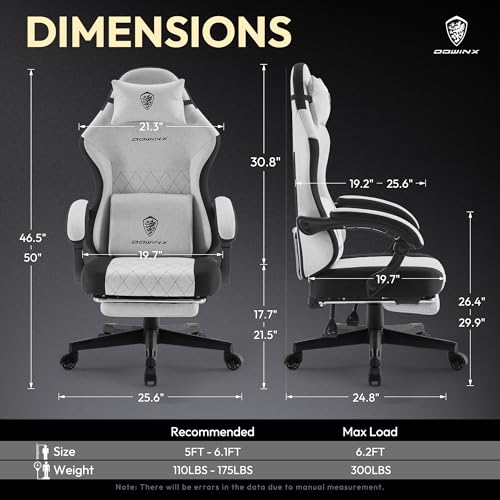 Dowinx Gaming Chair Fabric with Pocket Spring Cushion, High Back Ergonomic Computer Chair with Footrest for Adults, Massage Lumbar Support Swivel Game Chair for Office Gaming 300LBS, Black and Gray - color: Black Gray