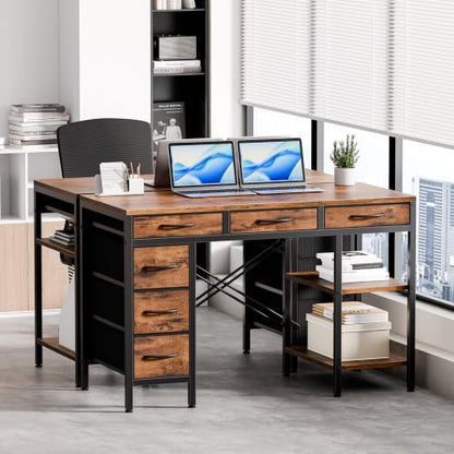 47" Computer Desk with 6 Drawers,Storage Shelves - color: Brown, size: 47-in