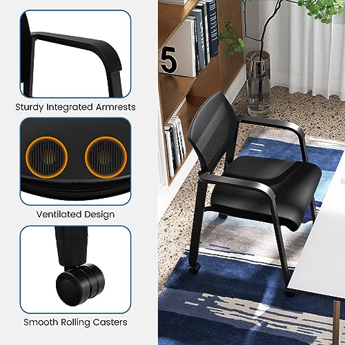 Tangkula Rolling Conference Room Chairs Set of 4, Stackable Office Guest Mesh Chairs with Armrests and Wheels, Ideal for Waiting Room Office, School, Lobby (Black) - color: Black, size: Set of 4