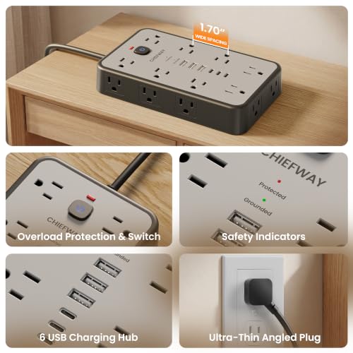 10 FT Surge Protector Power Strip with 6 USB, 16 Outlets, 2400J - color: Black / Gray, size: 10 FT