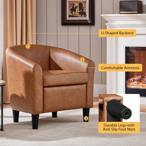 Topeakmart Faux Leather Accent Chair, 300 lb Cap, Brown | PU Leather Barrel Chairs, U-shaped Backrest, Foam Seat, 18" Seat Height, Solid Wood Legs - color: Brown, size: Set of 1