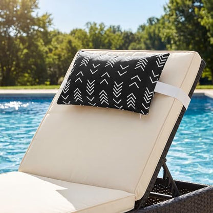 Black Geometric Outdoor Chaise Lounge Head Pillow 11"x16" Set of 2 | Waterproof Lumbar Pillows with Insert Adjustable Elastic Strap, Neck Attachment for Recliner Patio Beach Pool - color: Black Geometric