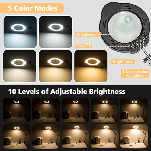 Magnifying Glass with Light and Clamp, 15X 10X Desk Magnifying Lamp, 84 LED Real Glass Lens Magnifier, 5 Color Modes Stepless Dimmable, Adjustable Hands Free Table Lamp for Repair Crafts Hobby Sewing