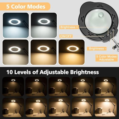Magnifying Glass with Light and Clamp, 15X 10X Desk Magnifying Lamp, 84 LED Real Glass Lens Magnifier, 5 Color Modes Stepless Dimmable, Adjustable Hands Free Table Lamp for Repair Crafts Hobby Sewing