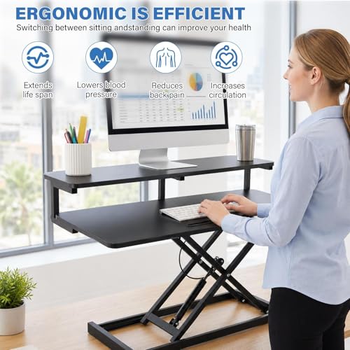 37" Height Adjustable Standing Desk Converter, 4.9" to18.5 Height Adjustable Sit Stand Up Desk Riser with Secondary Desks, Desktop Workstation Riser for Home Office Computer Laptop, Black - color: Black