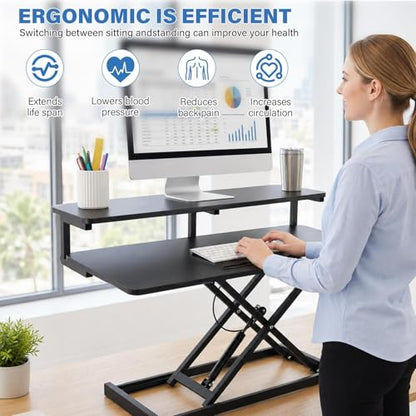 37" Height Adjustable Standing Desk Converter, 4.9" to18.5 Height Adjustable Sit Stand Up Desk Riser with Secondary Desks, Desktop Workstation Riser for Home Office Computer Laptop, Black - color: Black