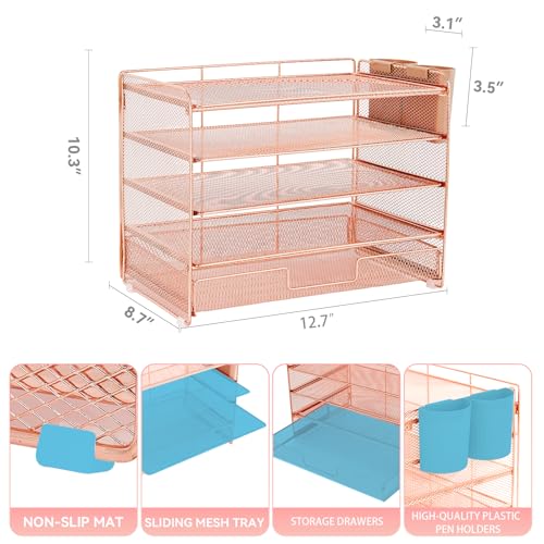 LEKETREE Desk Organizer and Accessories, 5-Tier Paper Letter Tray Organizer with Drawer & 2 Pen Holders for Desktop File Organization, Office Desk Accessories for Supplies Storage (Rose Gold) - color: Rose Gold, size: 12" x 8" x 10"