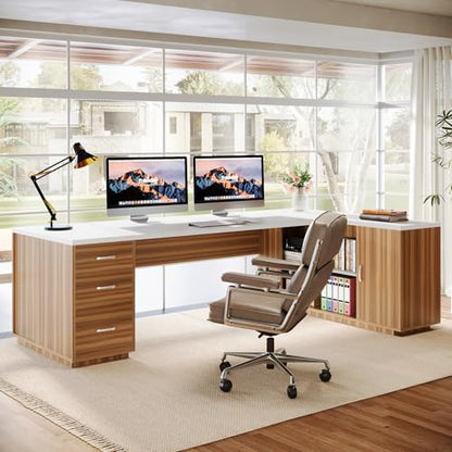 Tribesigns 85.8-Inch L-Shaped Executive Desk, White & Brown - color: White & Brown